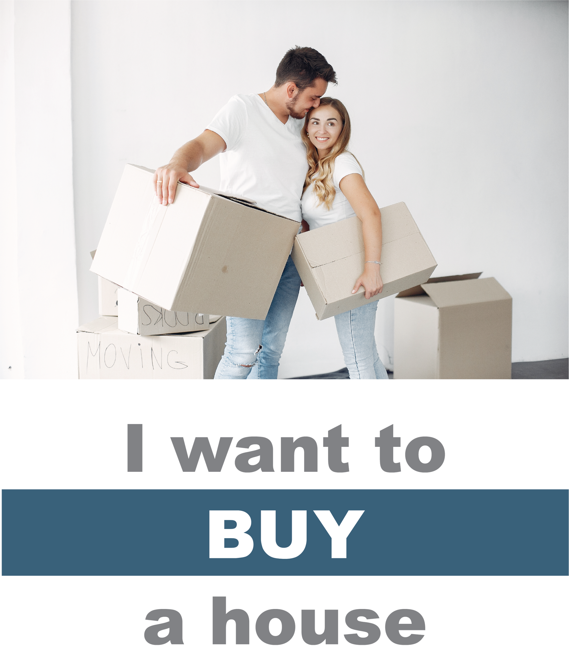 Couple holding boxes, looking happy, with text 