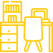 Yellow outline of a desk, chair, and bookshelf, likely an office or study space.