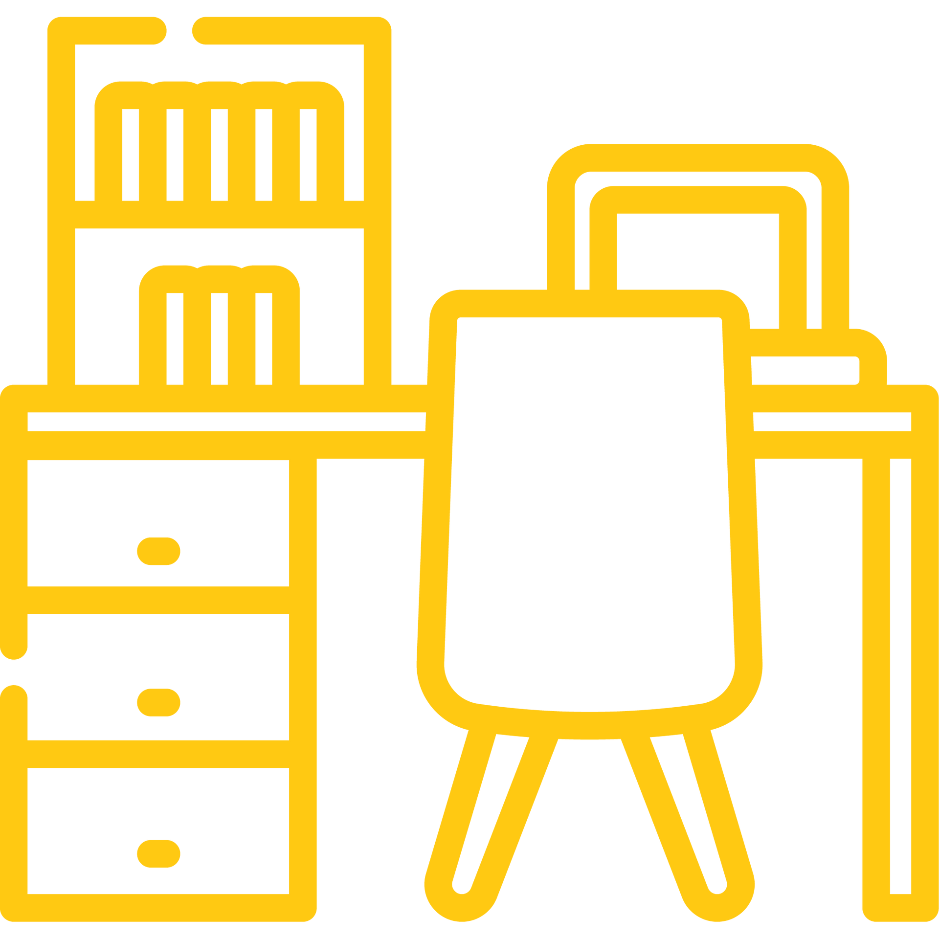Yellow outline of a desk, chair, and bookshelf, likely an office or study space.