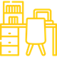 Yellow outline of a desk, chair, and bookshelf, likely an office or study space.