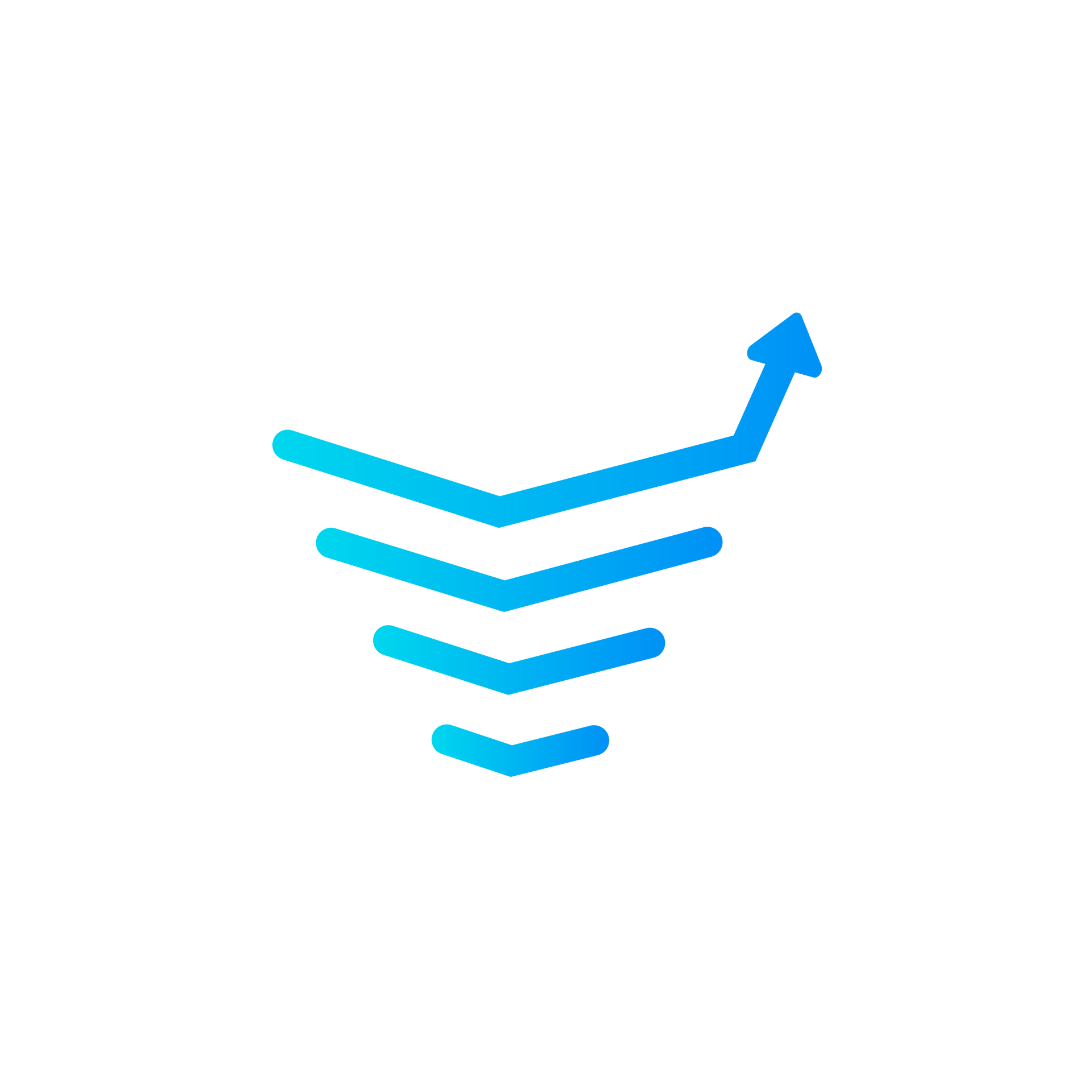 Blue gradient upward-pointing arrow emerges from layered lines, symbolizing growth or progress.