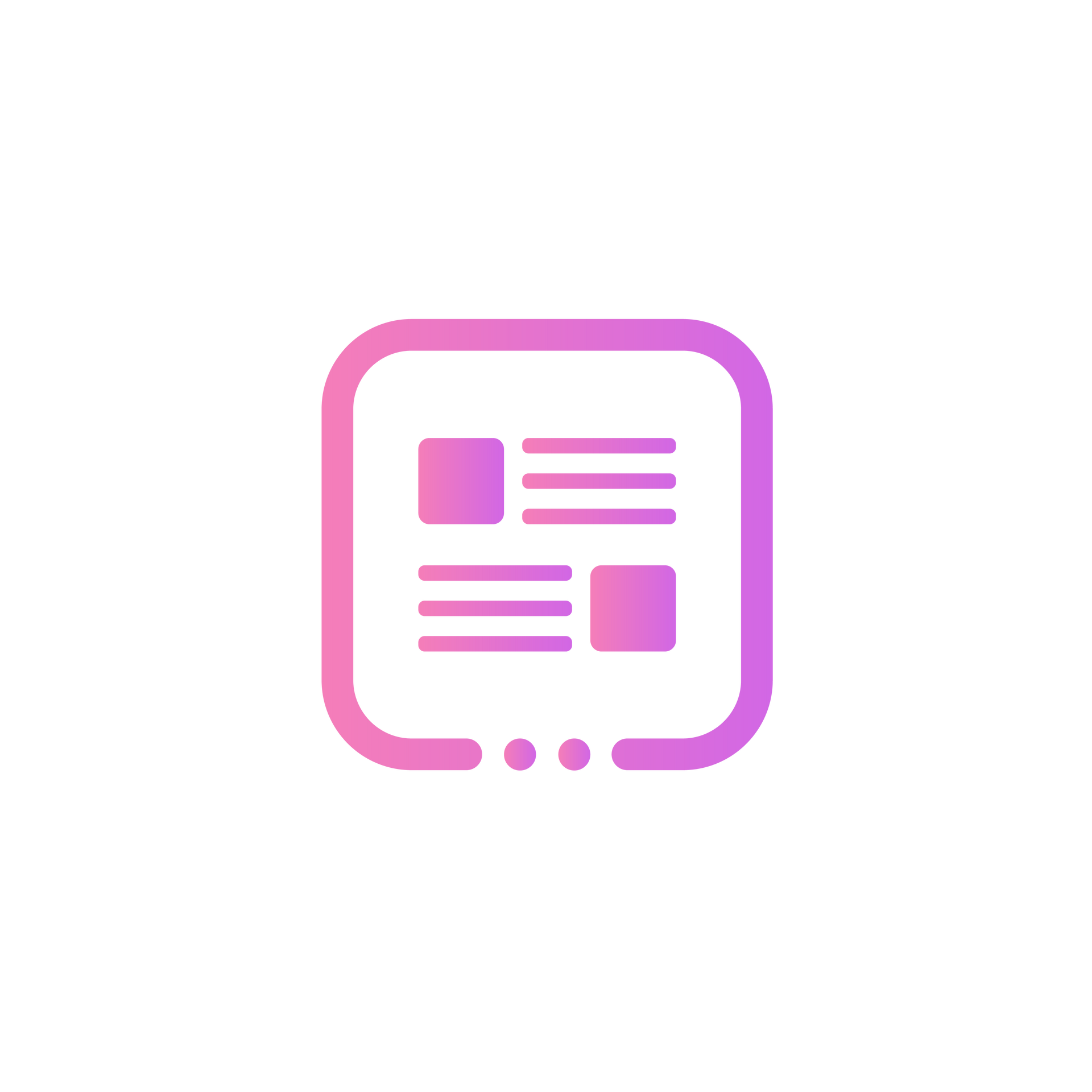 Pink and purple icon of a document with two squares and three lines, inside a rounded square with three dots below.