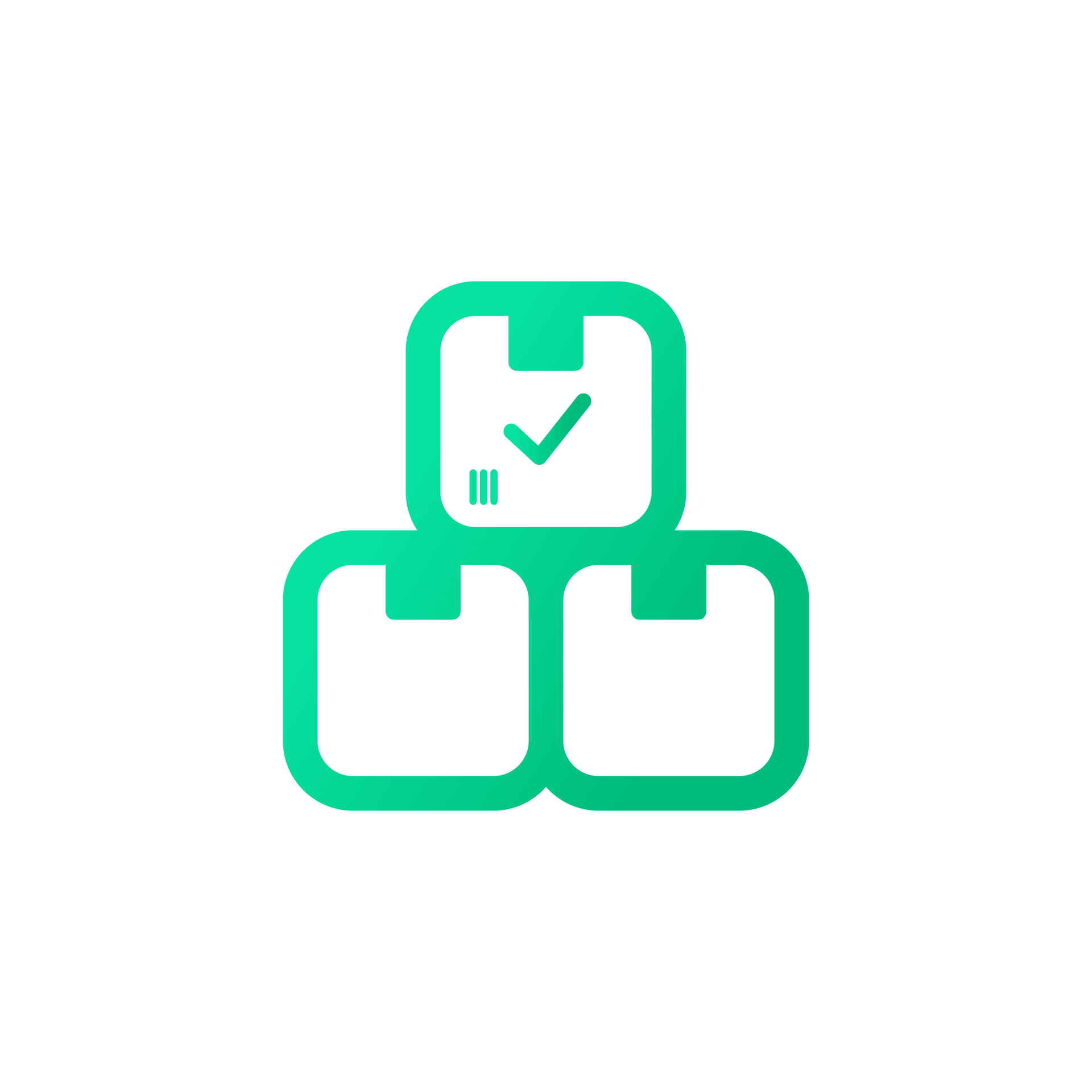 Three stacked green boxes, one with a checkmark and barcode.
