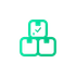 Three stacked green boxes, one with a checkmark and barcode.