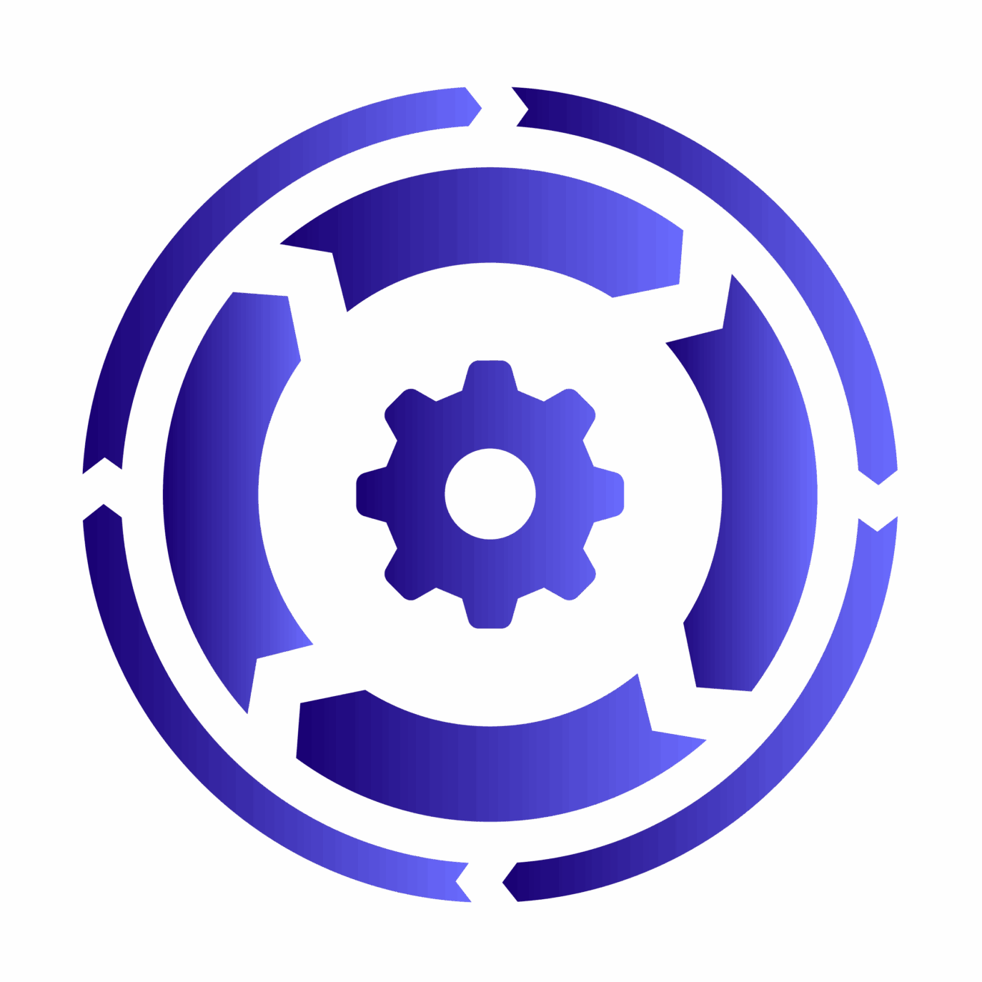 Blue circular diagram with gear in the center and arrows indicating a cycle.