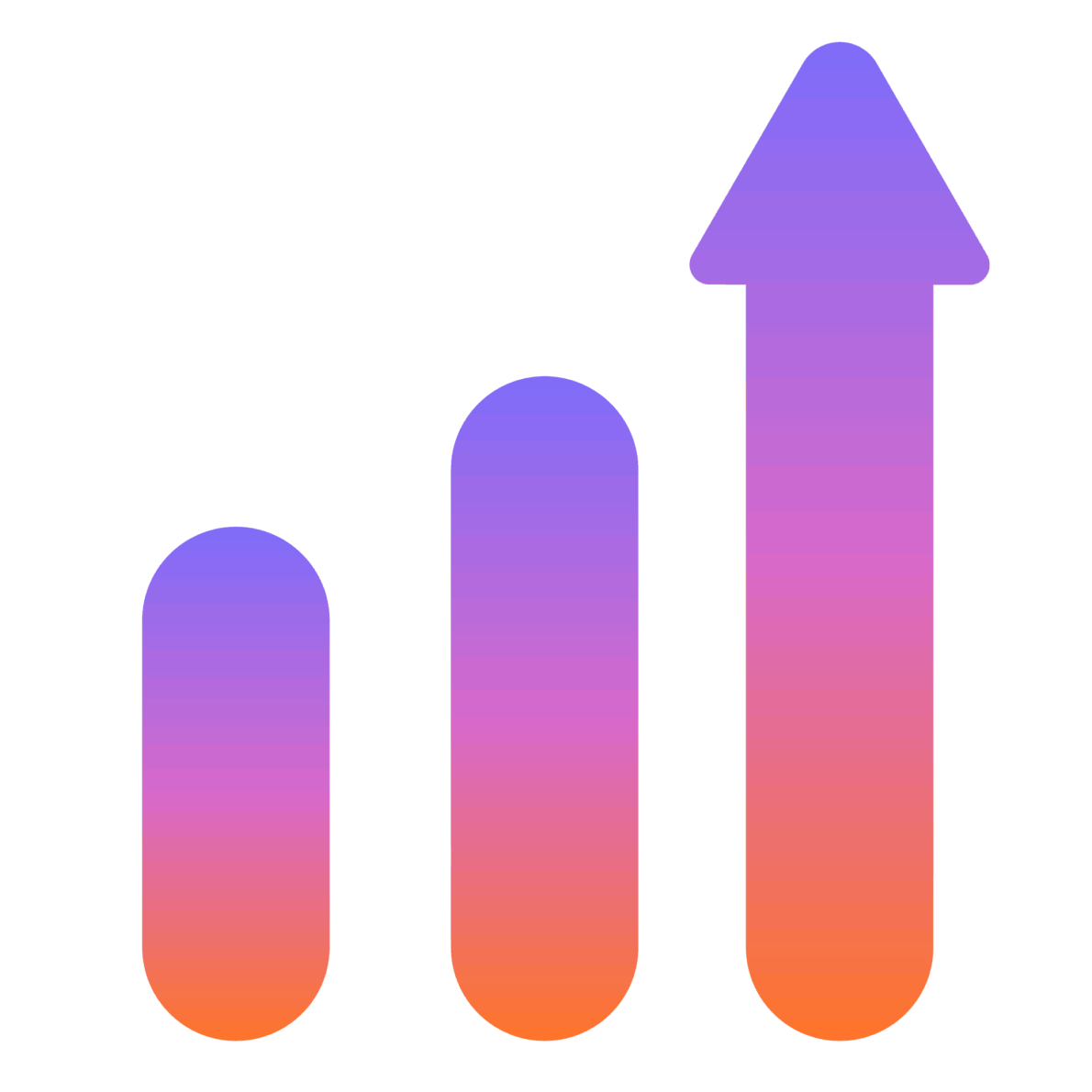 Three ascending vertical bars with a purple-to-orange gradient, topped by an upward arrow.