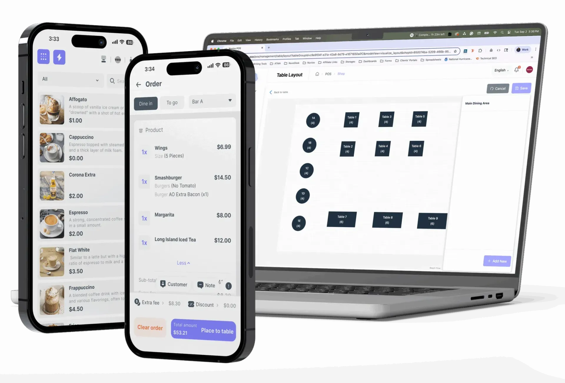 Two phones and a laptop displaying a business interface. Phone screens show a list and details.
