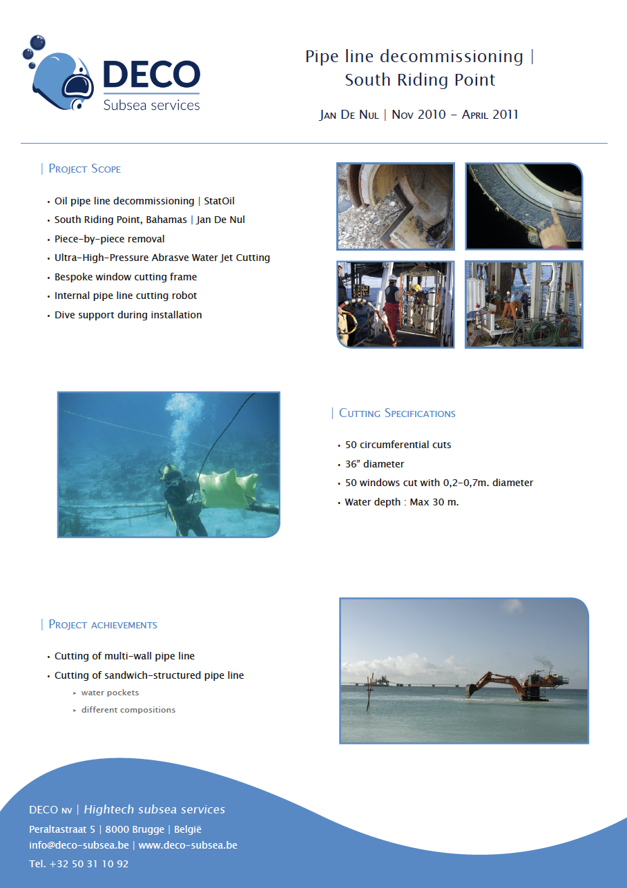 DECO Services brochure: Pipeline decommissioning in South Boiling Plant. Photos of equipment and underwater work.