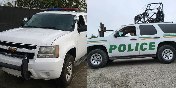Image shows two pictures: one of a police vehicle and another of a truck, highlighting diverse vehicle types for film projects.