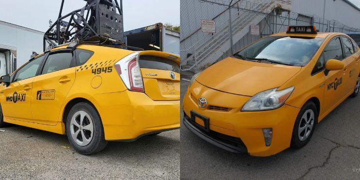 Image shows a yellow taxi cab alongside a black car, highlighting urban transportation diversity and vehicle design.