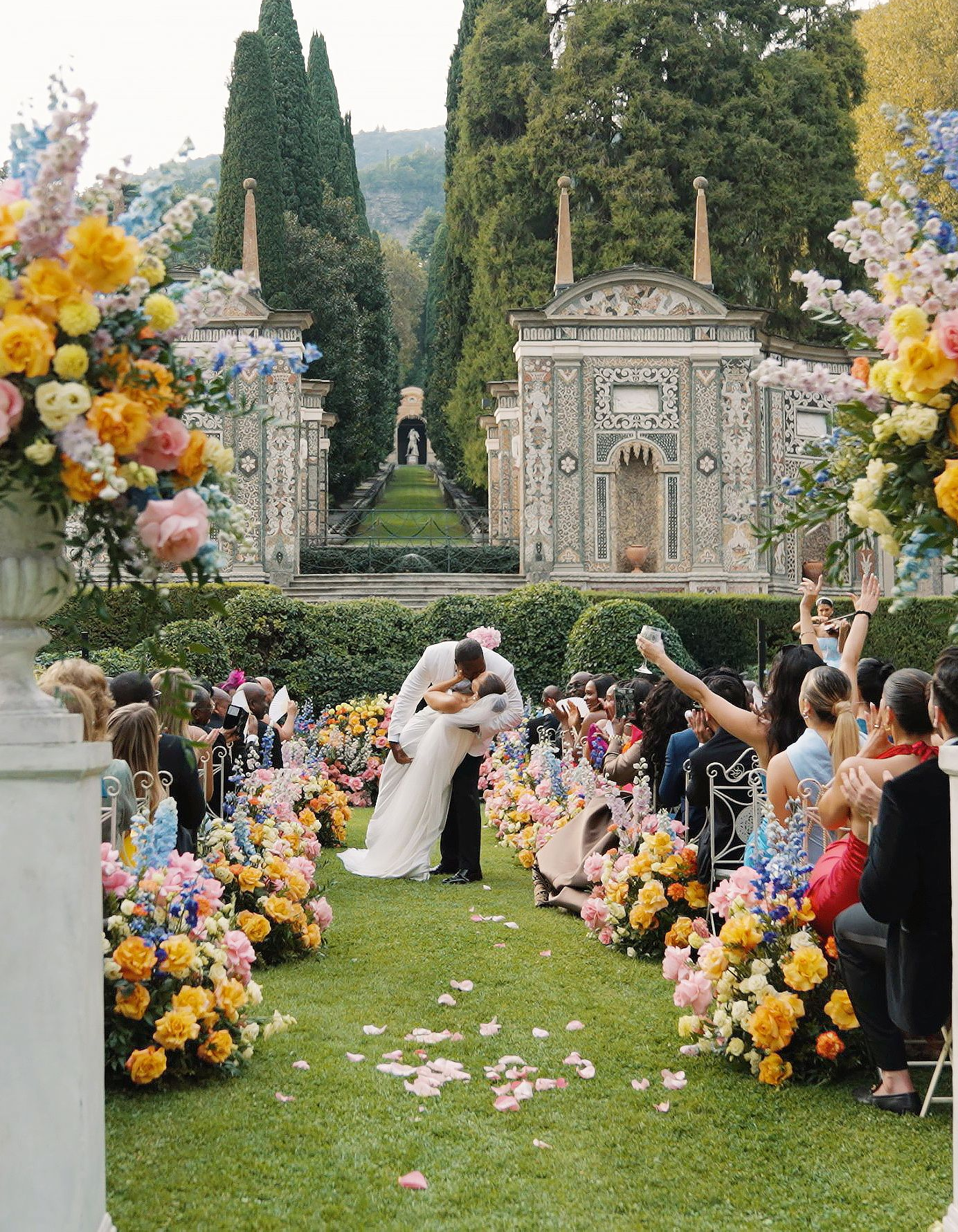 Bride and groom on boat at Lake Como wedding near Villa d’Este romantic destination wedding Italy