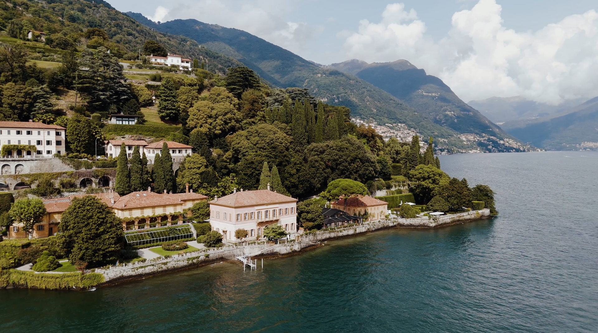 The gardens and lakefront terraces of Villa Pizzo in Cernobbio seen from Lake Como, a luxury wedding
