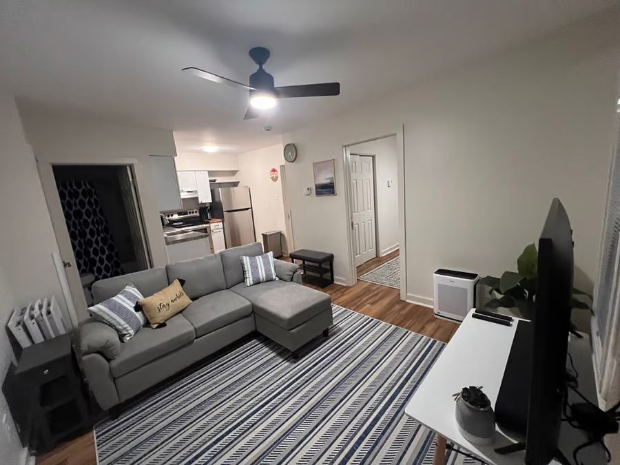 A living room with a couch , television , and ceiling fan.