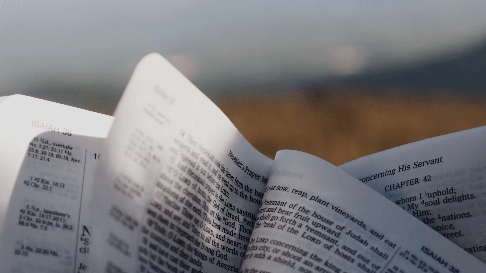 Zoomed in photo of Bible pages from book of Isaiah. Blurry field in distance.