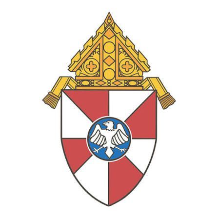 Logo of the Archdiocese of Milwaukee: Dove, flame, cross on disc, and water against a white background.