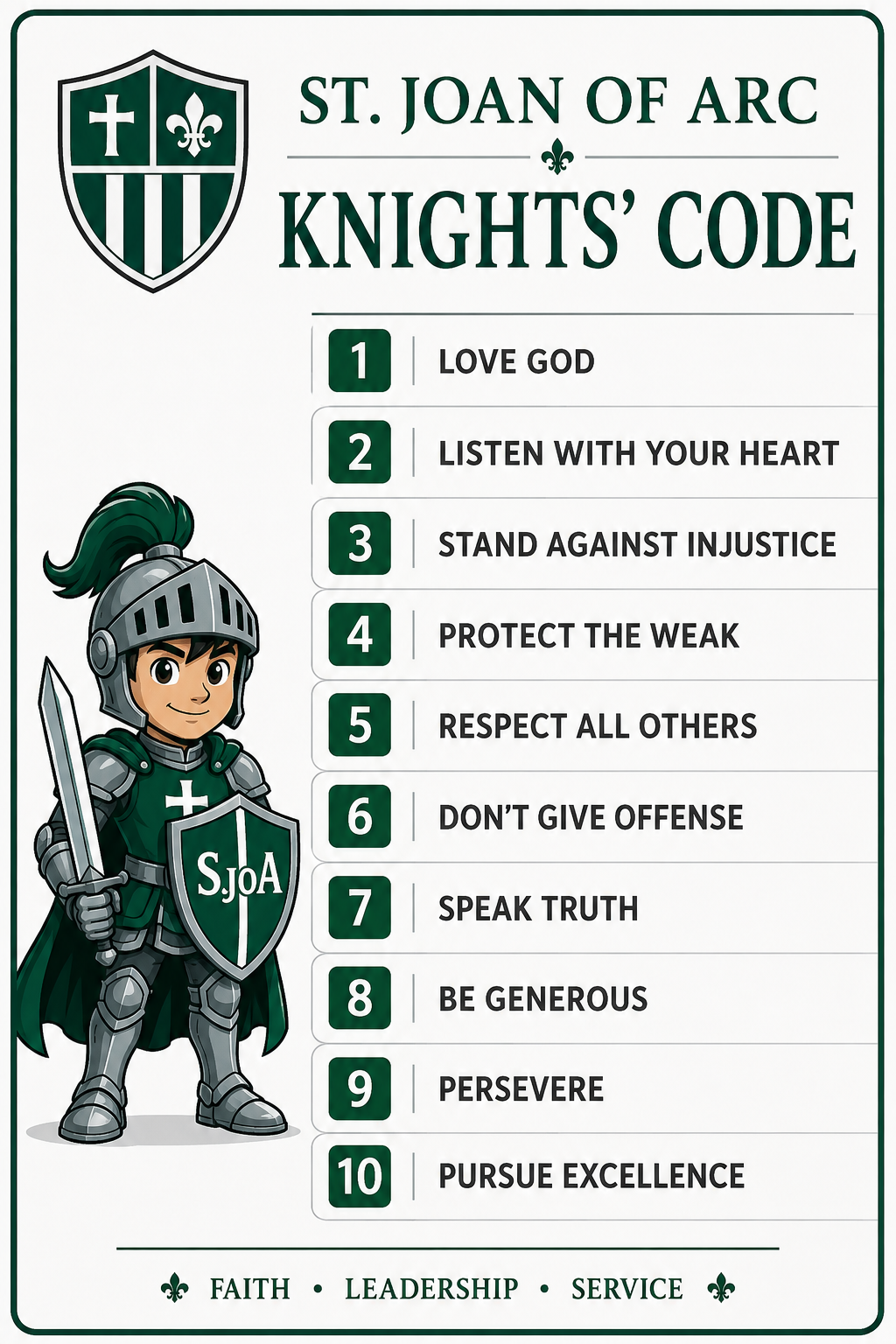 St. Joan of Arc Knight's Code poster: List of 10 principles with knight illustrations.