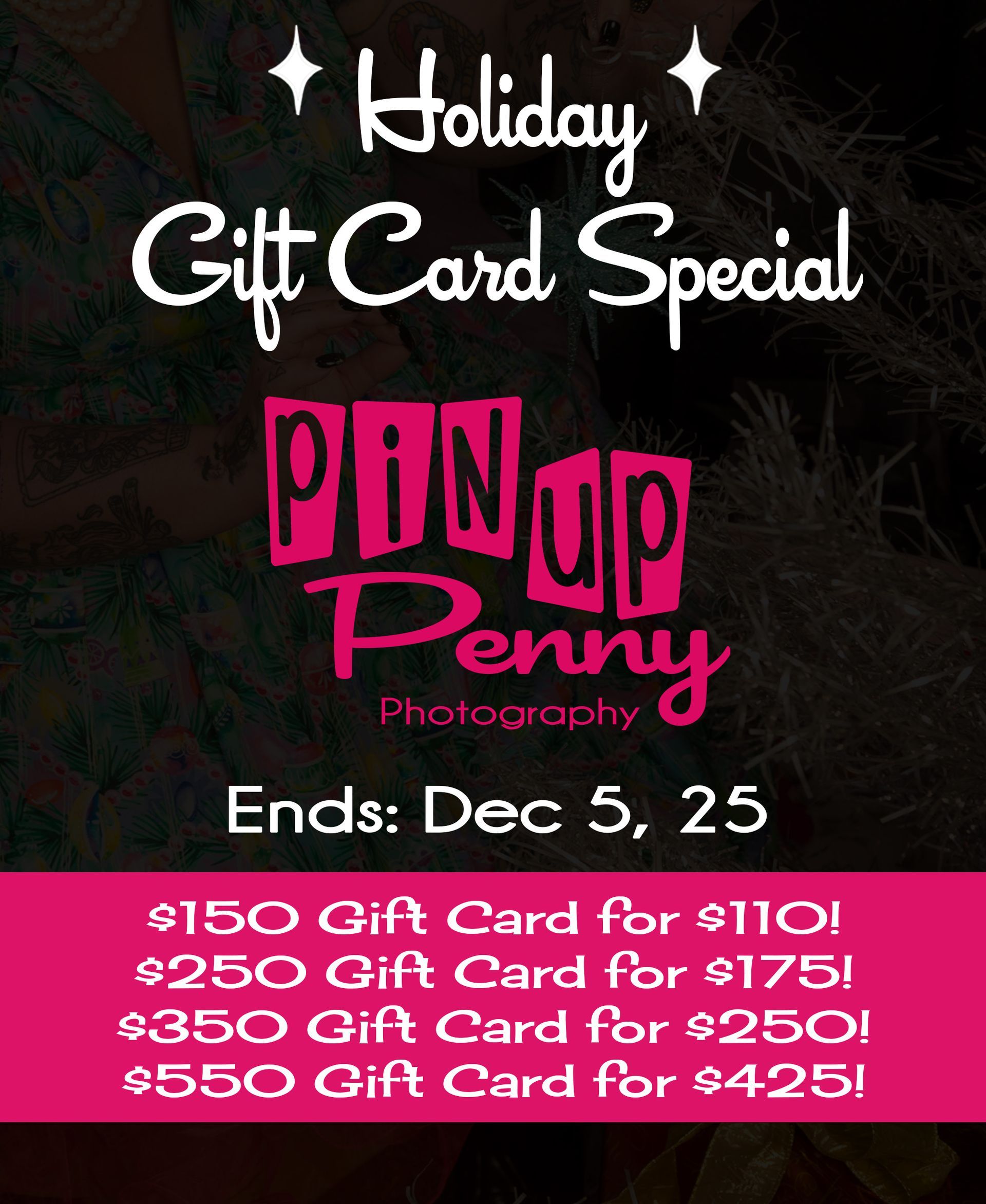 Holiday gift card special for Pin Up Penny Photography. Discounted gift cards.