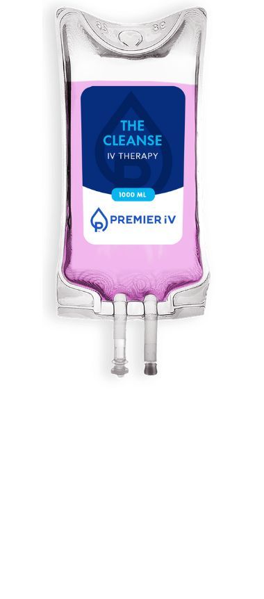 An IV bag labeled "The Cleanse" with pink liquid and Premier IV logo.
