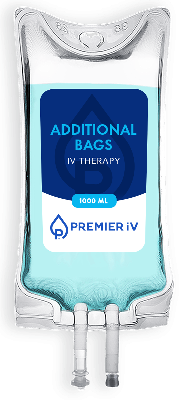 Intravenous therapy bag with blue liquid and label