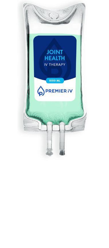 An IV bag labeled "Joint Health" with green liquid.