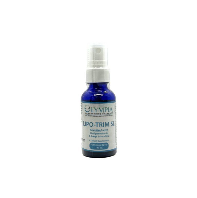 Blue bottle of Lipo-Trim SL spray, white pump, white label, on a white background.