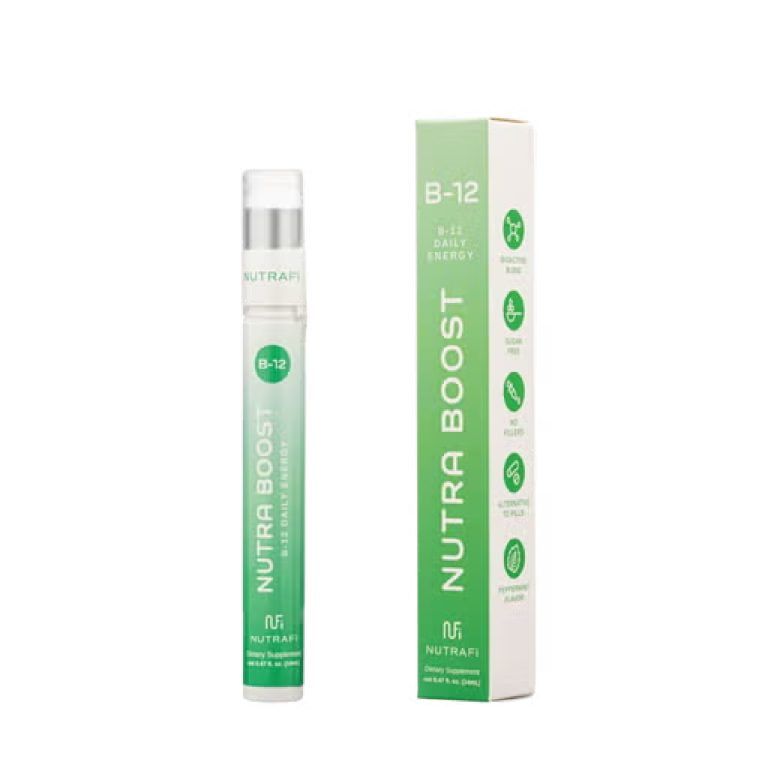 B-12 spray bottle and box. Bottle and box are green and white. Text reads: Nutra Boost. Daily energy.