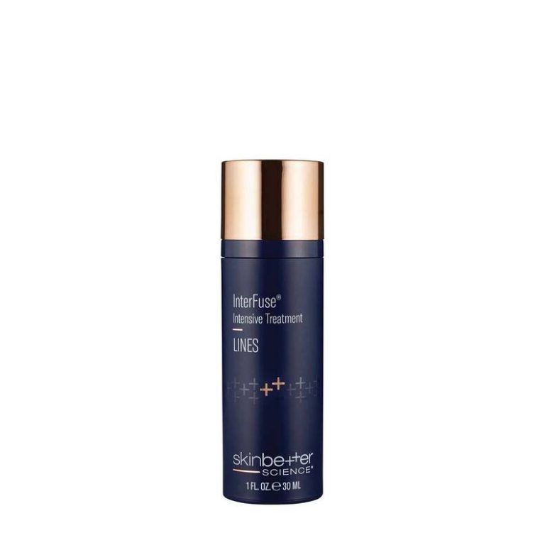 Dark blue bottle of Skinbetter Interfuse Intensive Treatment for lines. Gold cap and white text.