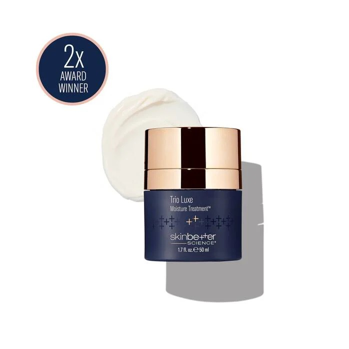 Skinbetter Science Trio Lipid Moisture Treatment, with white cream swatch and award badge.