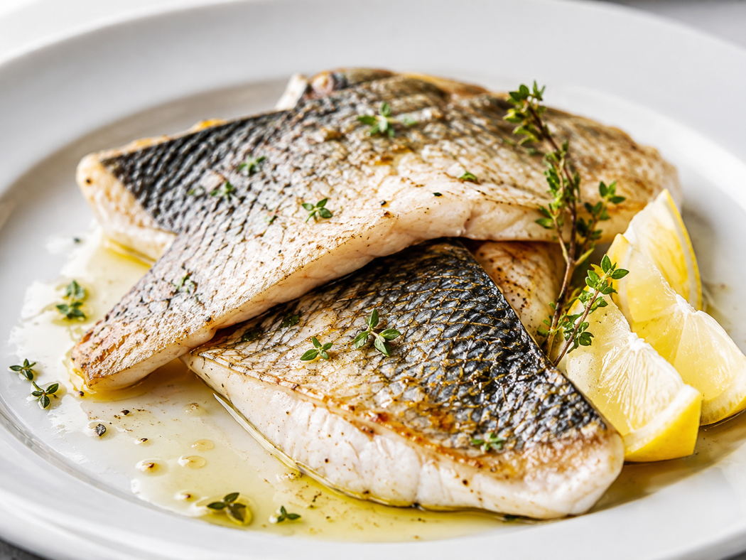 Filetti di pesce al forno con spicchi di limone ed erbe aromatiche, serviti su un piatto bianco.