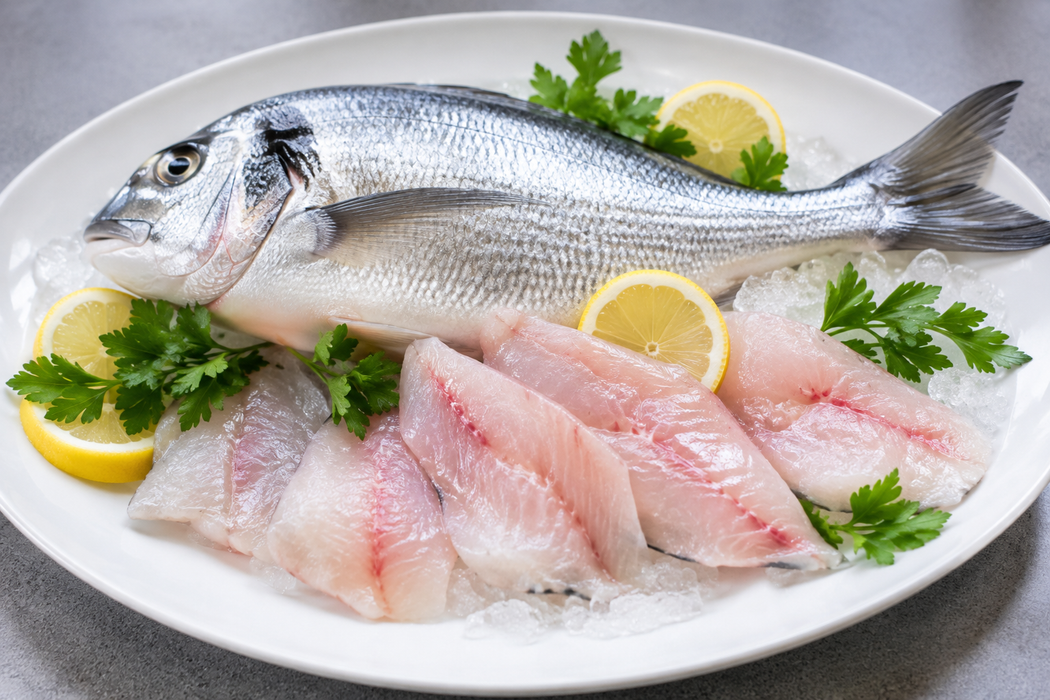 Pesce argentato intero su un piatto bianco con pesce crudo a fette, spicchi di limone e guarnizione di prezzemolo.