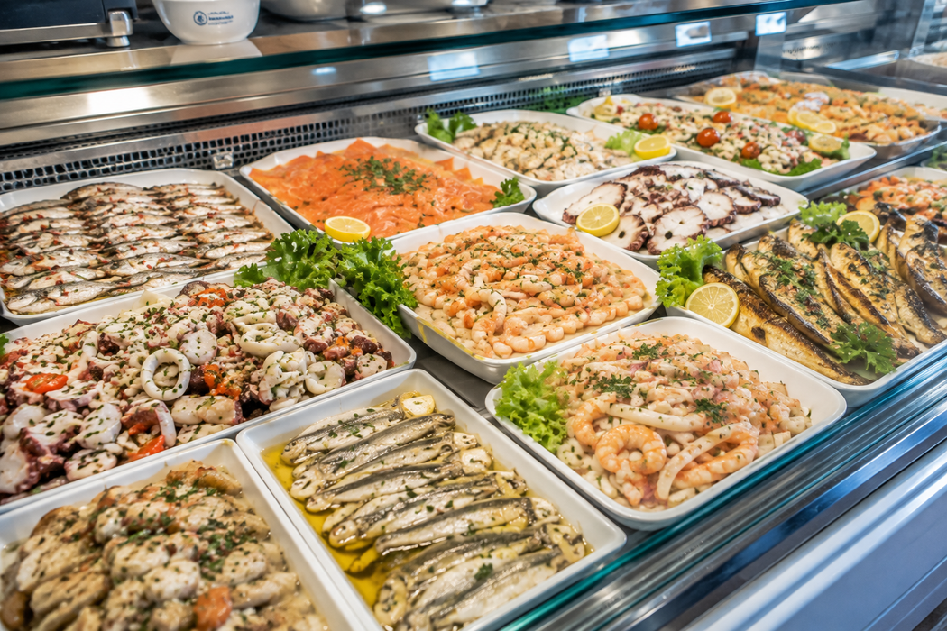 Buffet di frutti di mare e insalate esposto in una vetrina con piatti e guarnizioni assortiti.