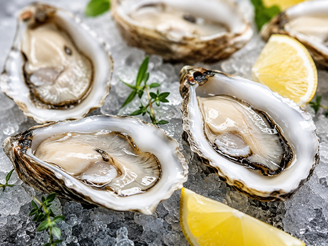 Ostriche fresche su ghiaccio con spicchi di limone ed erbe aromatiche
