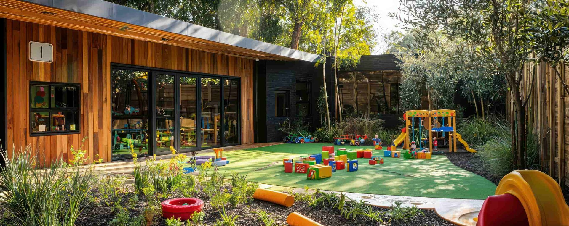 A wooden house with a playground in front of it.
