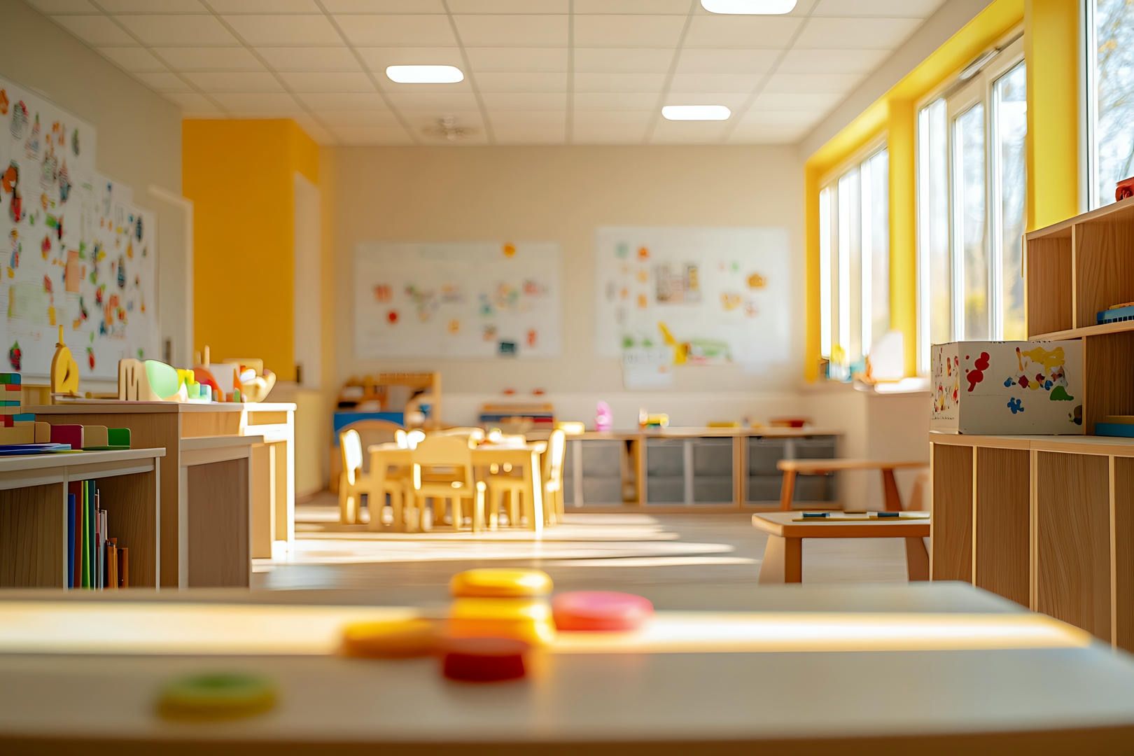 A classroom with tables , chairs , shelves and toys.