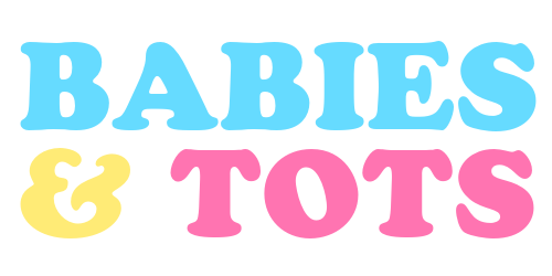 The logo for babies and tots is blue , pink , and yellow.