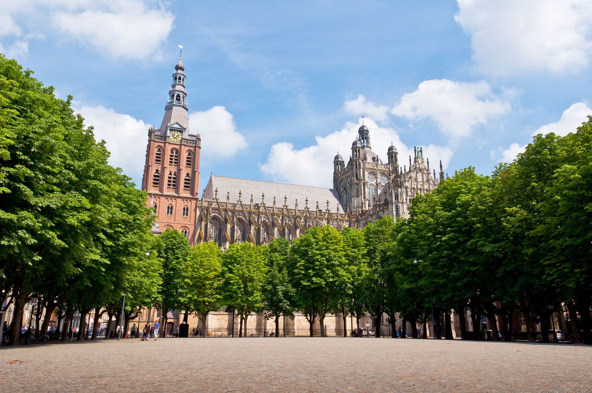 Een groot gebouw met een klokkentoren is omgeven door bomen