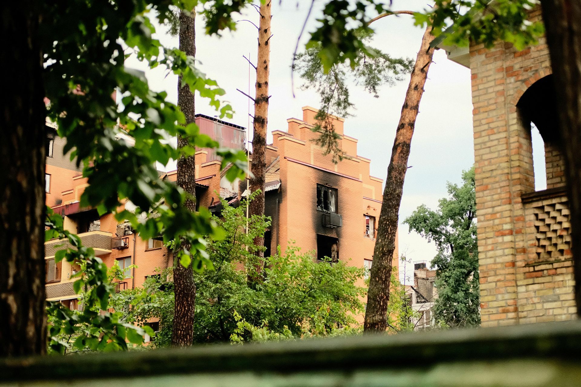 Damaged building with charred windows, viewed through trees.