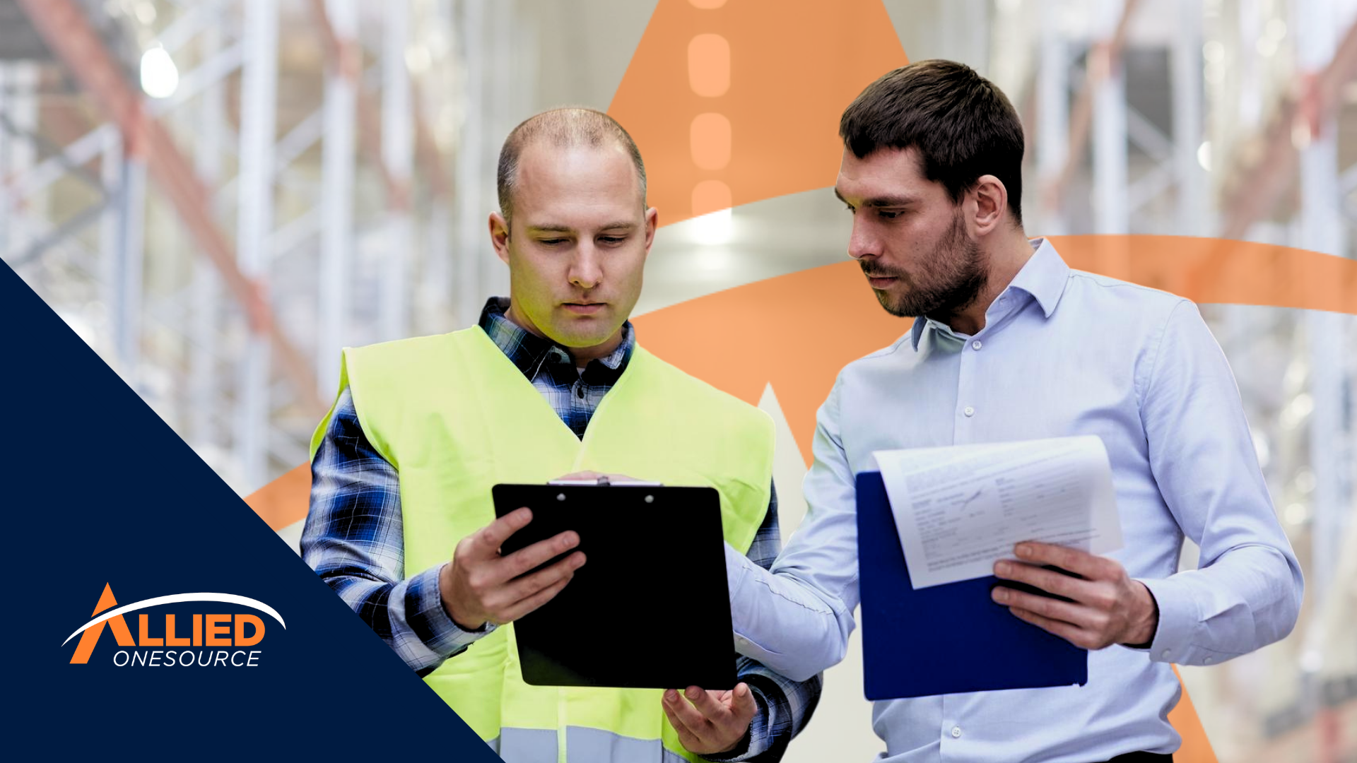 Two professionals in a warehouse review staffing fill rate.