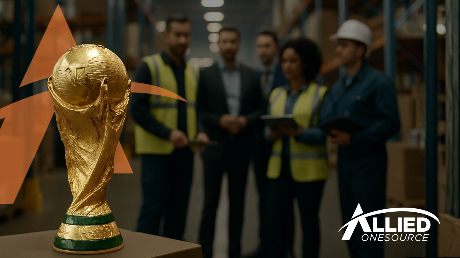 World Cup trophy in the foreground with event staffing professionals meeting in a warehouse