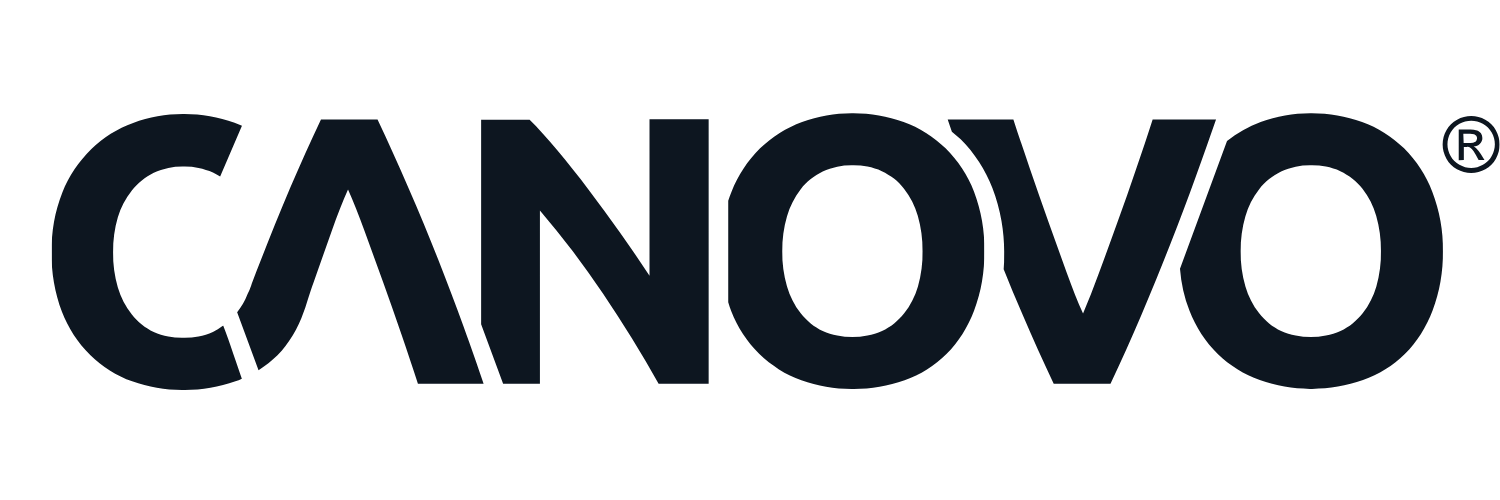 The canovo group logo is black and blue on a white background.