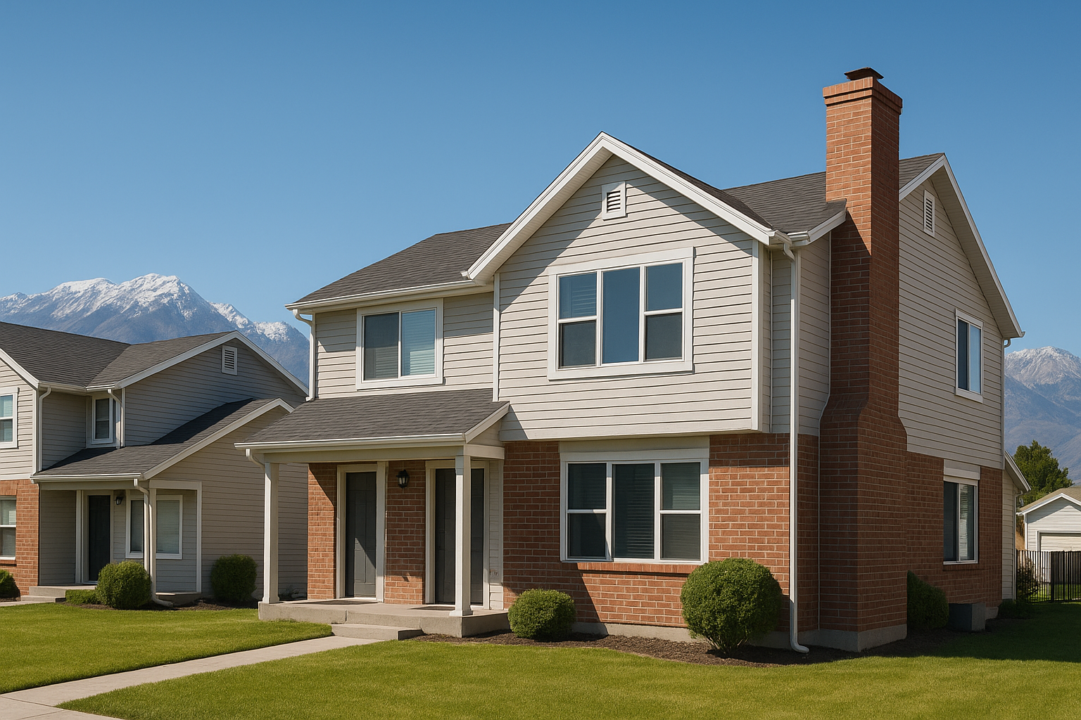 A brick house with a chimney and a lot of windows