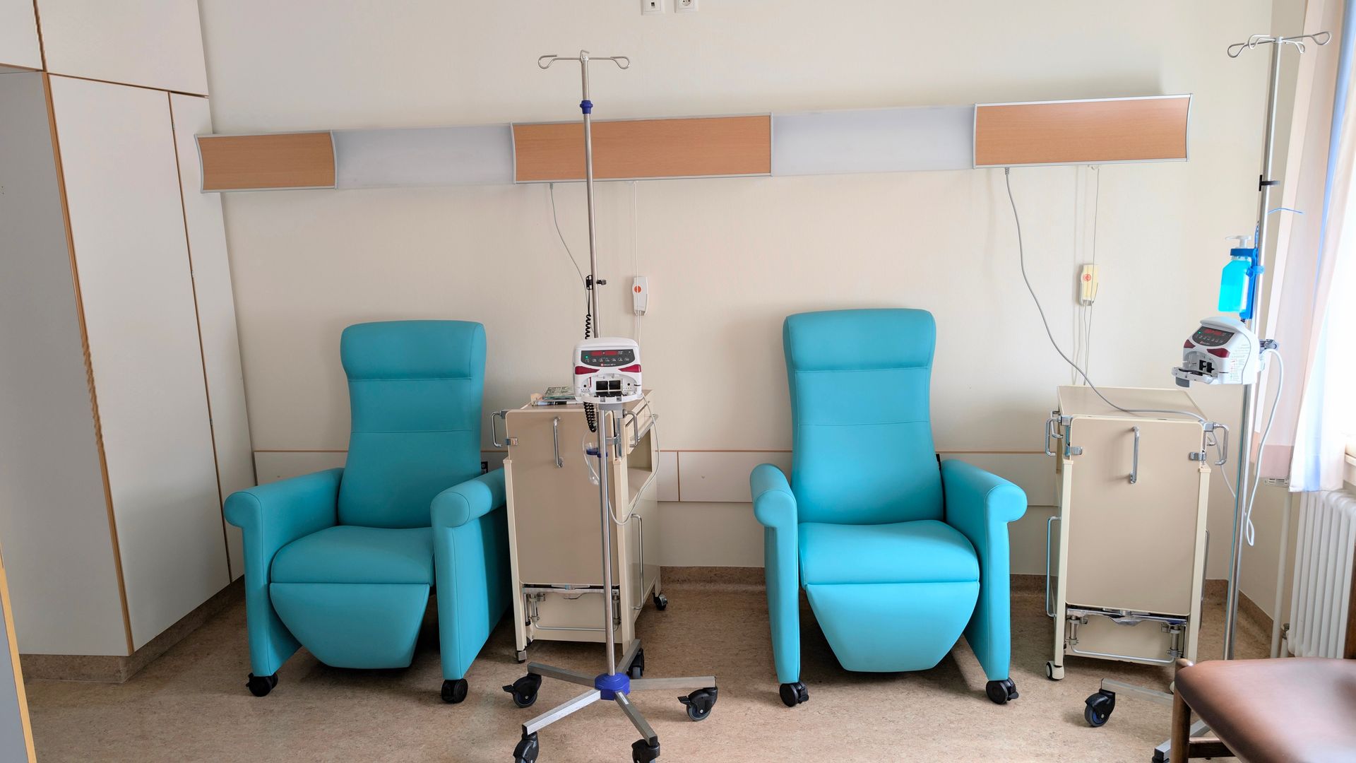 A calm private room with an IV chair for ketamine