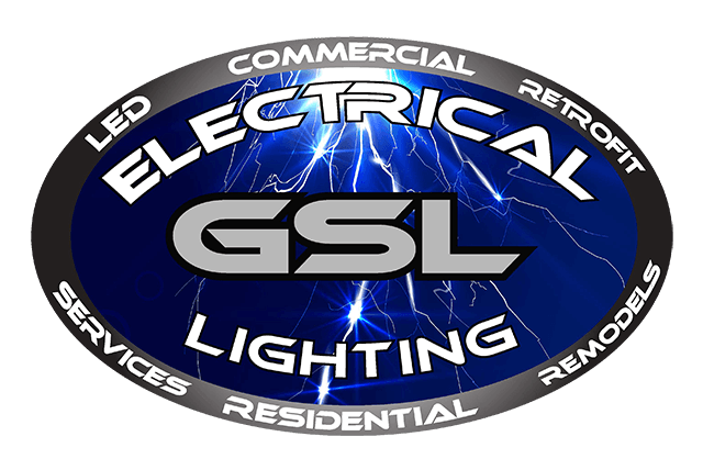 Electrical GSL lighting logo with blue oval background and white text for commercial, residential, services, and remodels