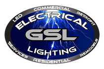 Electrical GSL lighting logo with blue oval background and white text for commercial, residential, services, and remodels