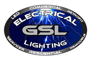 Electrical GSL lighting logo with blue oval background and white text for commercial, residential, services, and remodels
