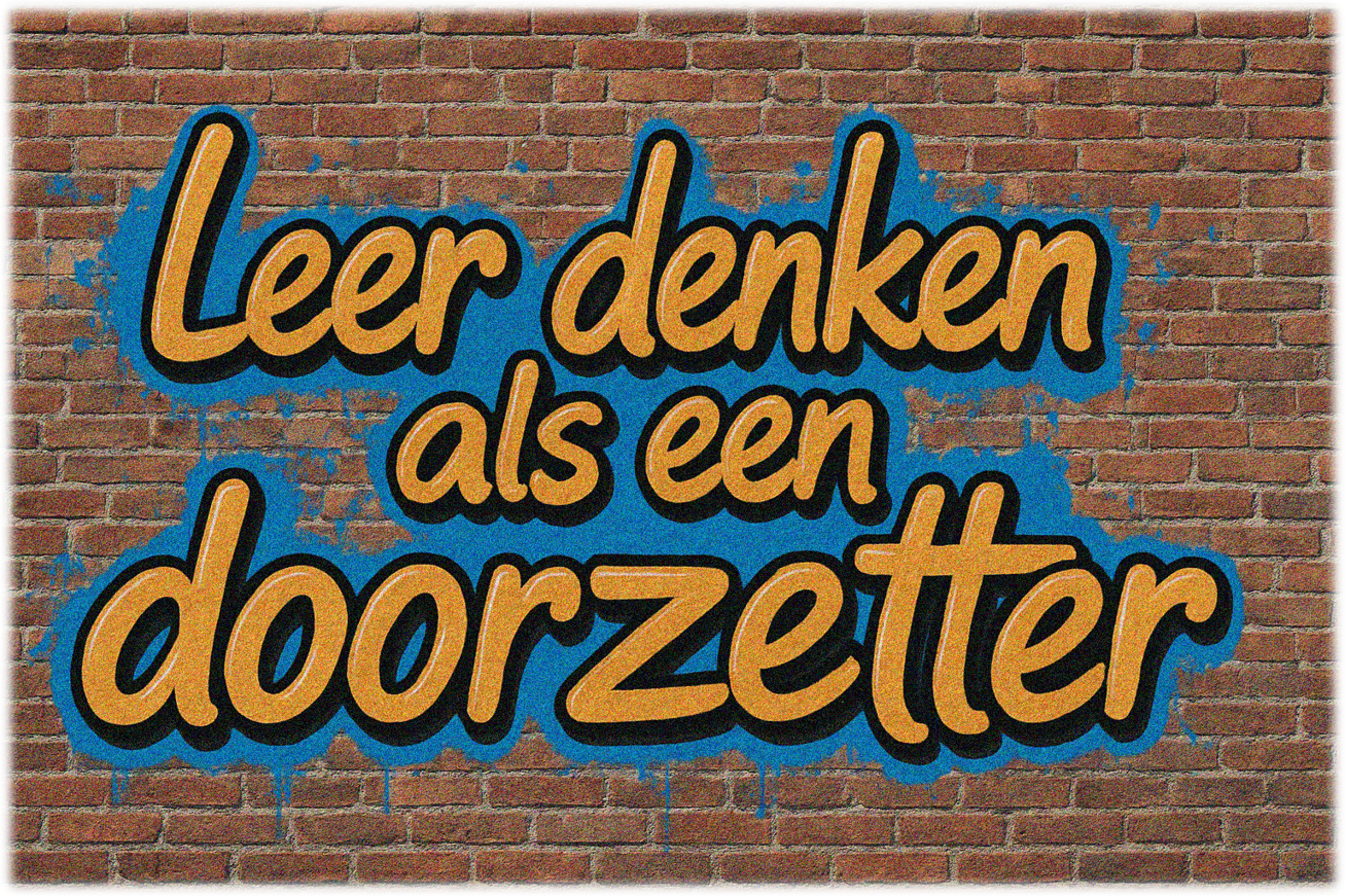 Dutch text “leer denken als een doorzetter” in blue and orange on a brick wall