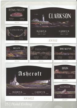 Examples of gravestone etching designs with names.
