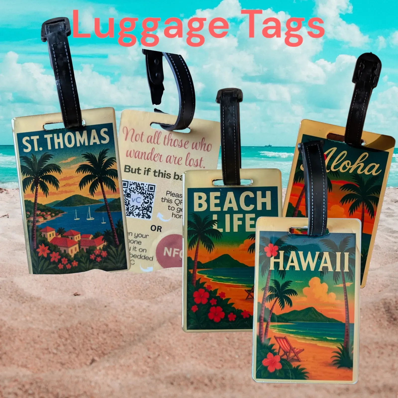 Luggage tags on a beach with tropical scenes, including St. Thomas, Hawaii, and