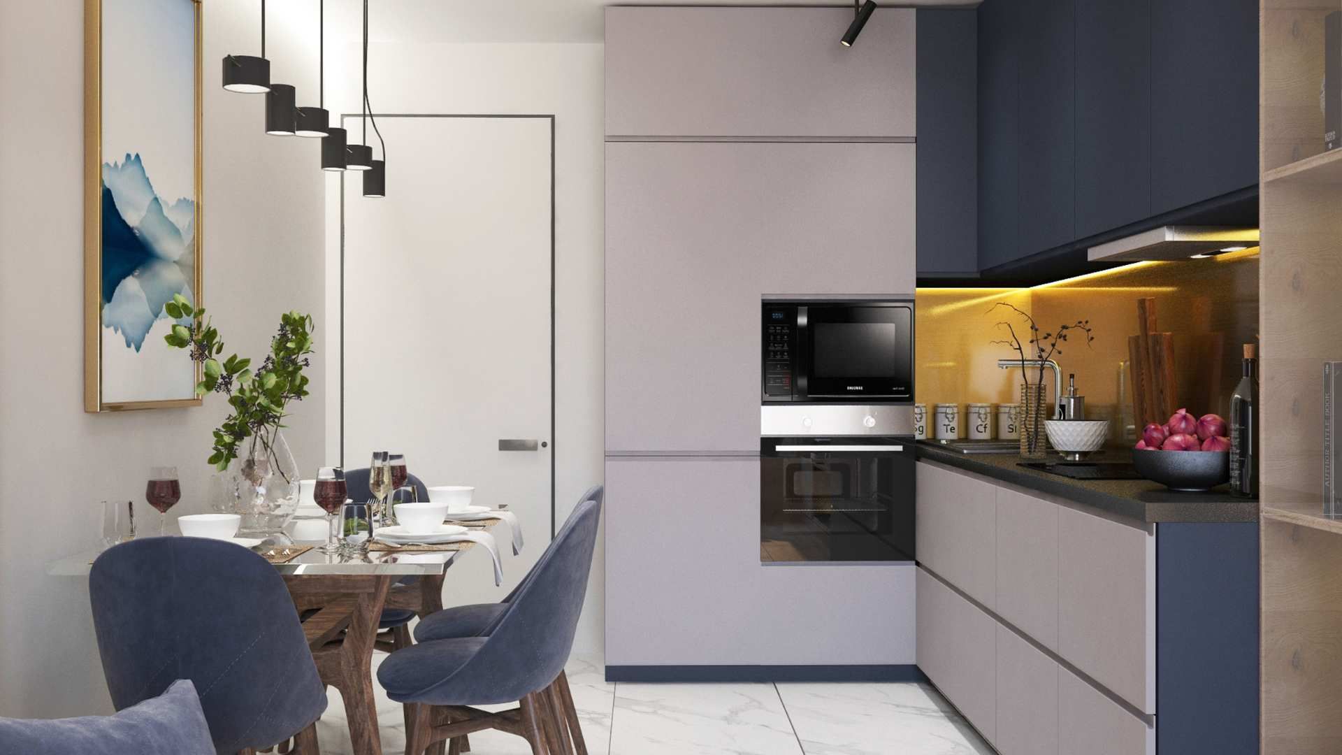 Modern open-plan kitchen and dining area with gray cabinets, white walls, blue chairs, and warm under-cabinet lighting