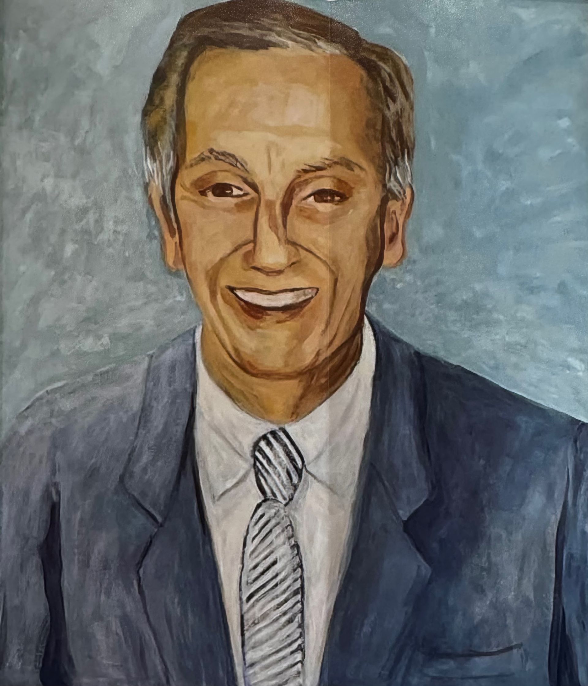 Portrait painting of a smiling man in a blue suit and striped tie on a muted blue background